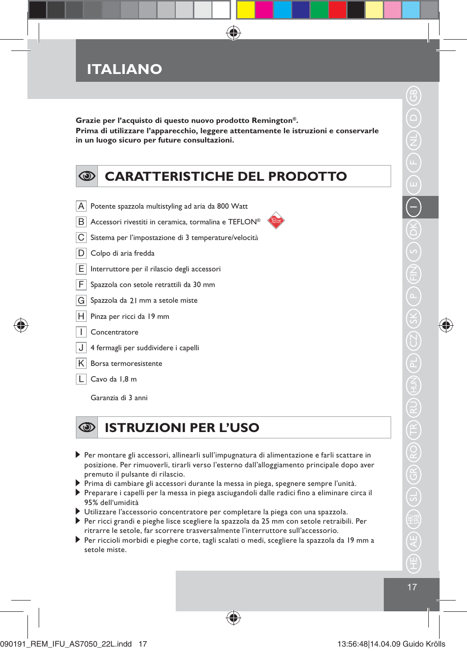Italiano, Caratteristiche del prodotto, Istruzioni per l’uso | Remington AS7050 User Manual | Page 19 / 76