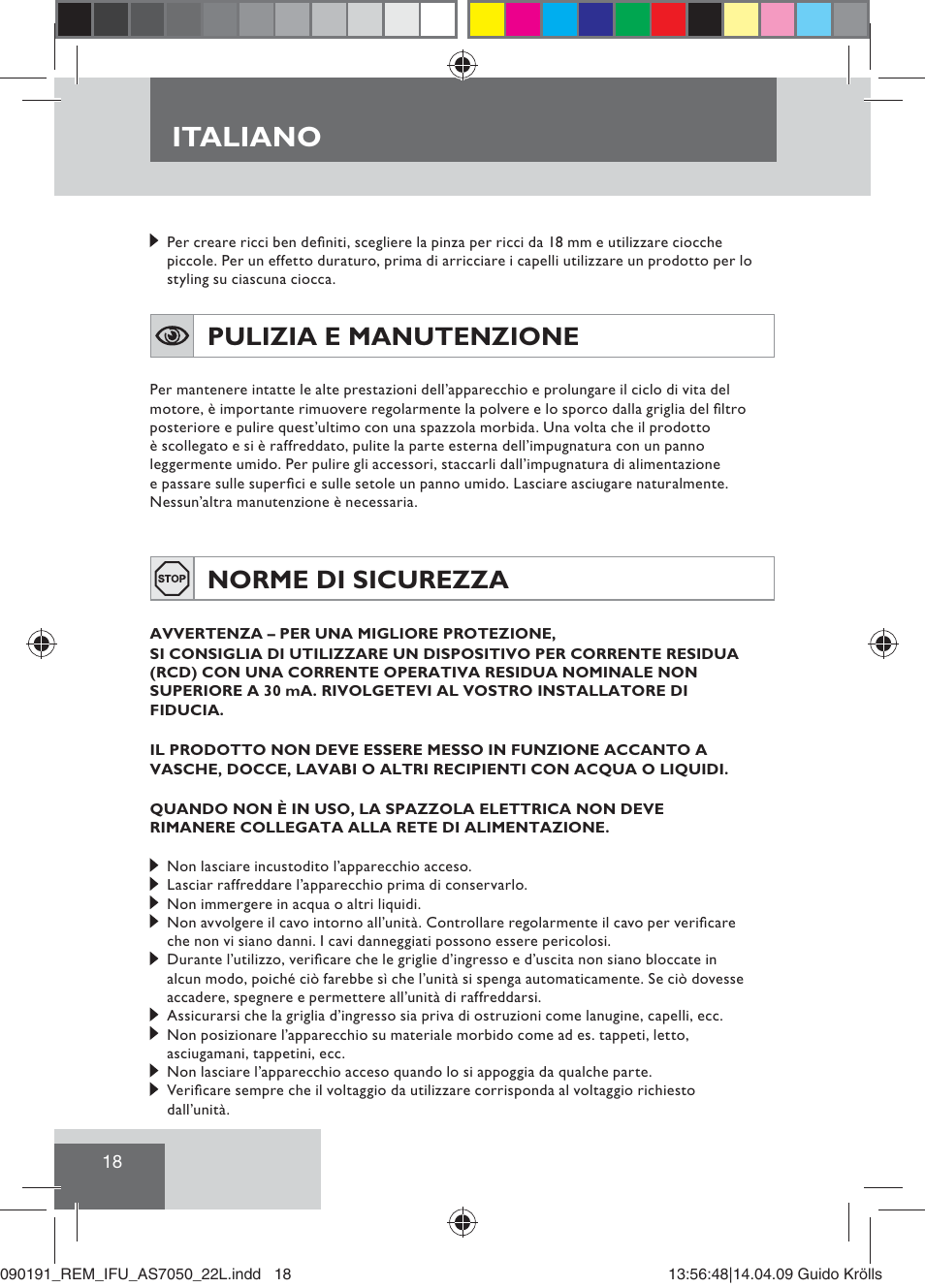 Italiano, Pulizia e manutenzione, Norme di sicurezza | Remington AS7050 User Manual | Page 20 / 76