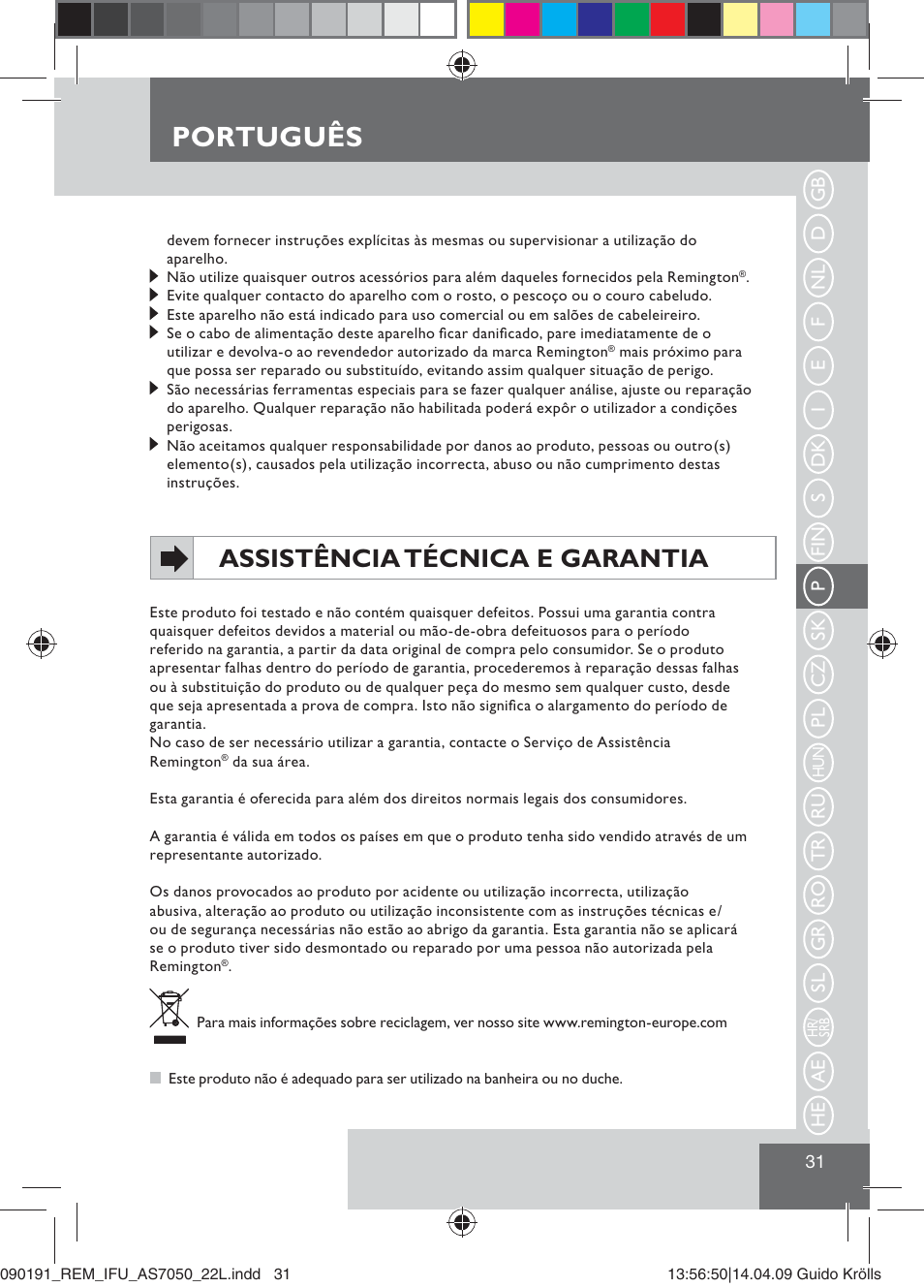 Português, Assistência técnica e garantia | Remington AS7050 User Manual | Page 33 / 76