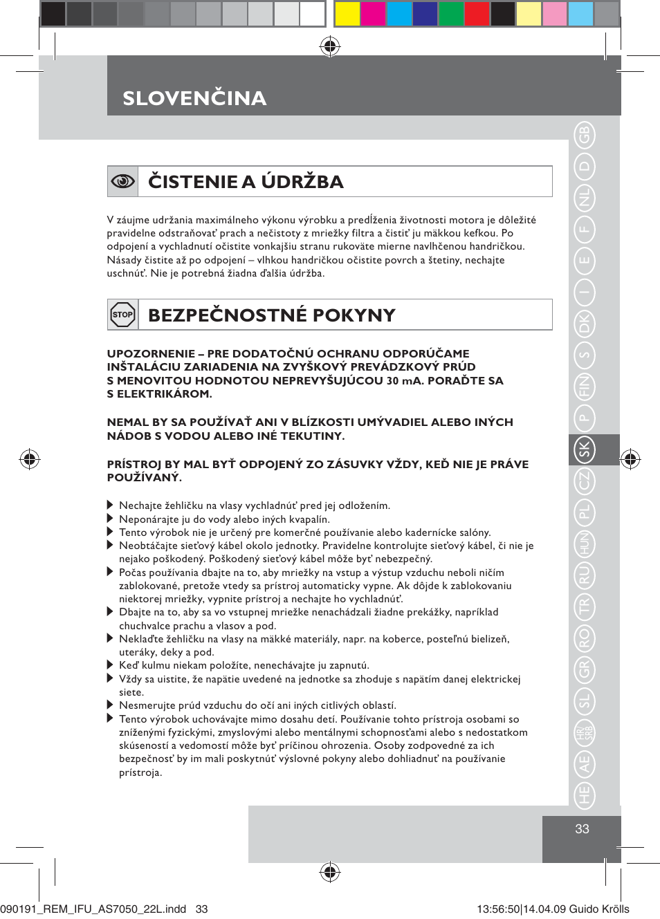 Slovenčina, Čistenie a údržba, Bezpečnostné pokyny | Remington AS7050 User Manual | Page 35 / 76