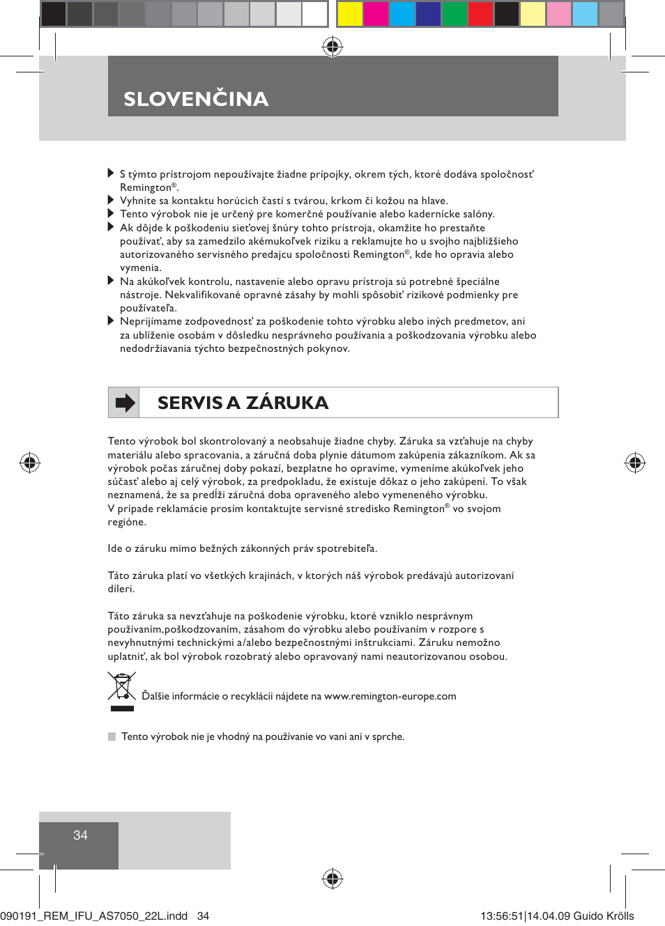 Slovenčina, Servis a záruka | Remington AS7050 User Manual | Page 36 / 76