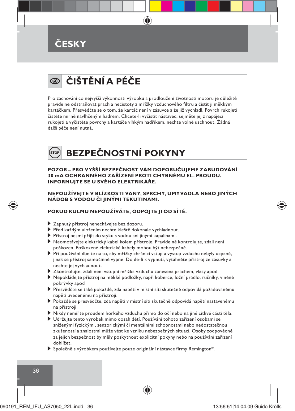 Čištění a péče, Bezpečnostní pokyny, Česky | Remington AS7050 User Manual | Page 38 / 76