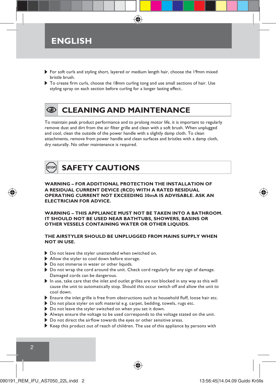 English, Cleaning and maintenance, Safety cautions | Remington AS7050 User Manual | Page 4 / 76