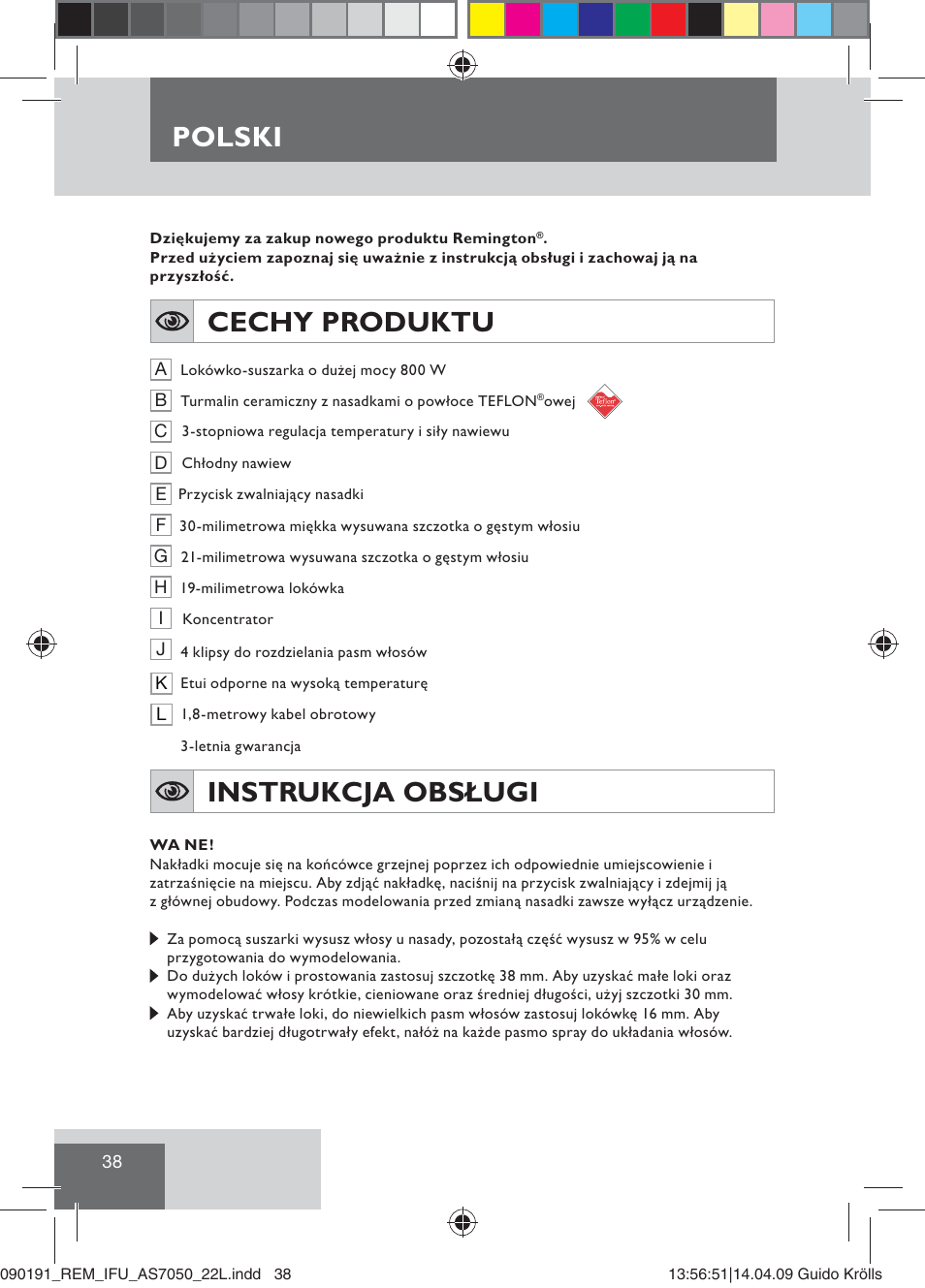 Polski, Cechy produktu, Instrukcja obsługi | Remington AS7050 User Manual | Page 40 / 76