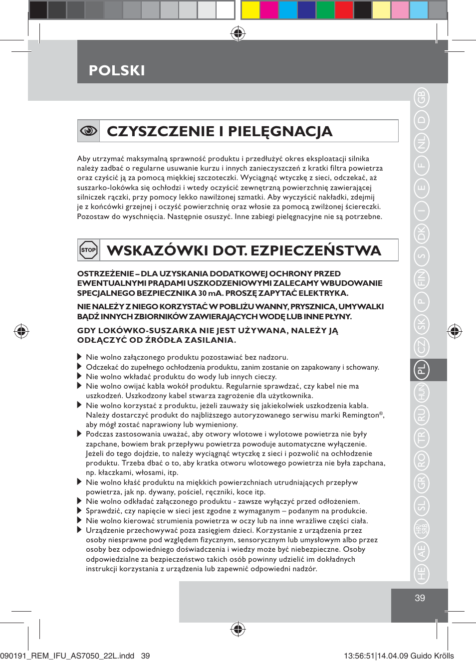Polski, Czyszczenie i pielęgnacja, Wskazówki dot. ezpieczeństwa | Remington AS7050 User Manual | Page 41 / 76