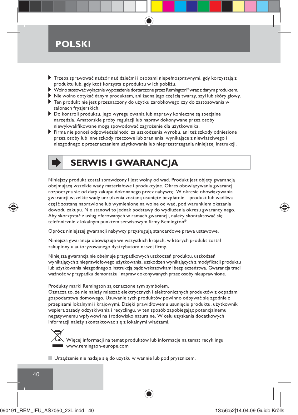 Polski, Serwis i gwarancja | Remington AS7050 User Manual | Page 42 / 76