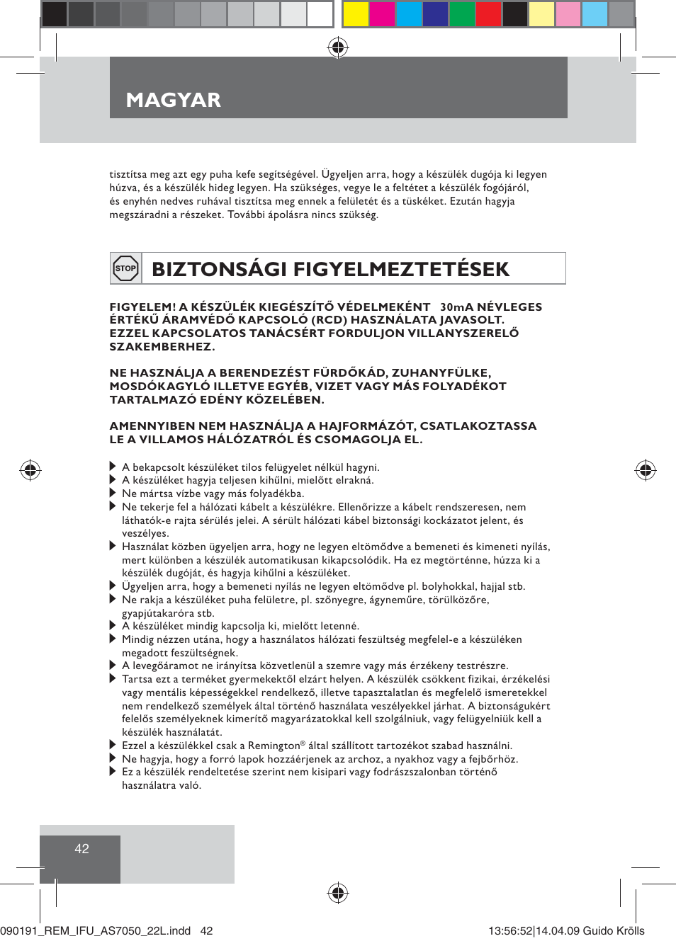 Magyar, Biztonsági figyelmeztetések | Remington AS7050 User Manual | Page 44 / 76