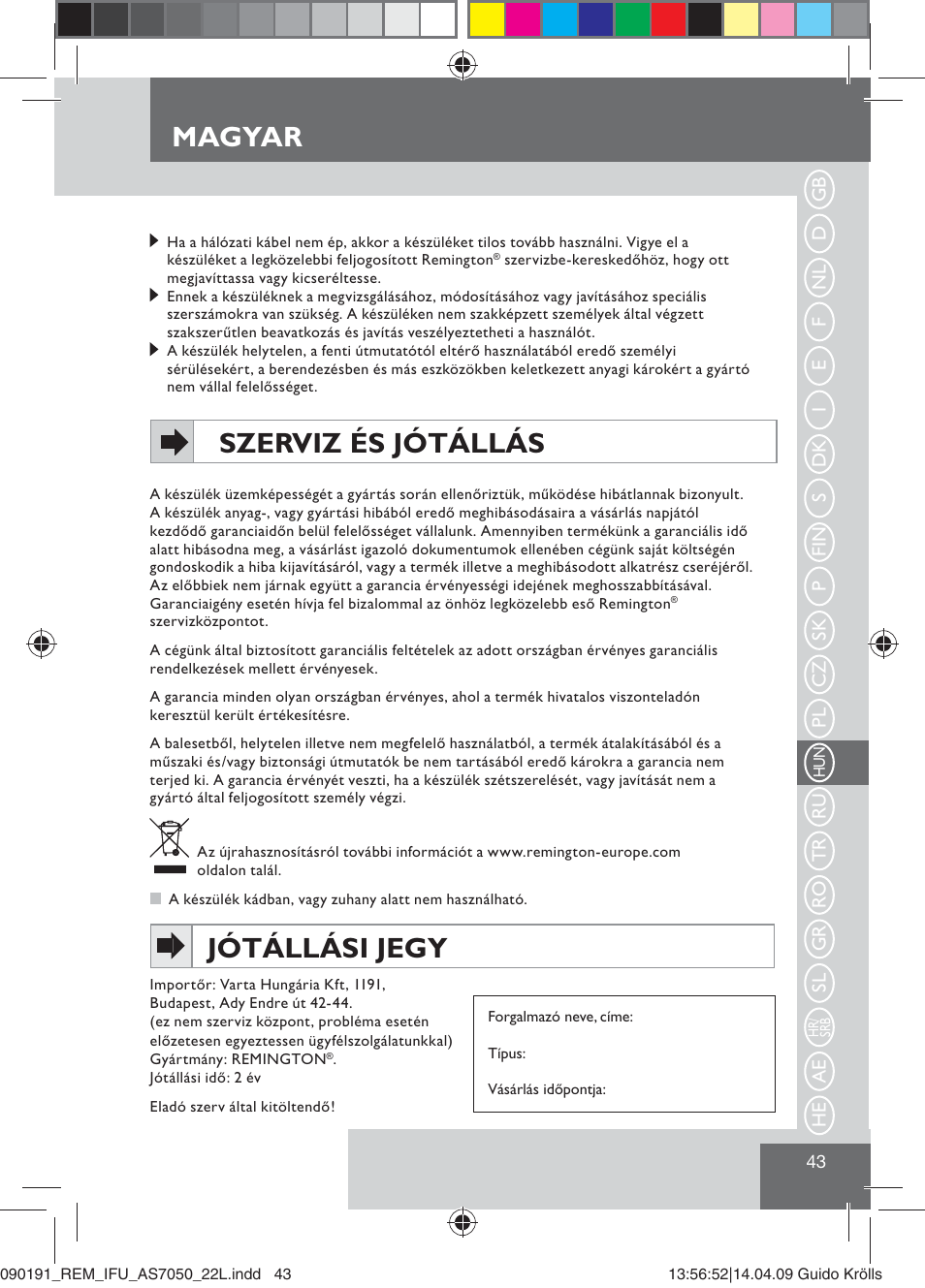 Magyar, Szerviz és jótállás, Jótállási jegy | Remington AS7050 User Manual | Page 45 / 76