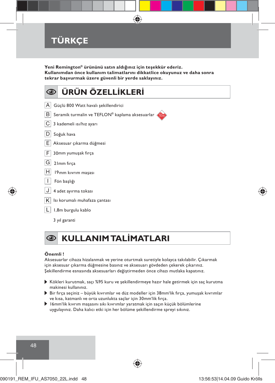 Türkçe, Kullanim talimatlari, Ürün özellikleri | Remington AS7050 User Manual | Page 50 / 76