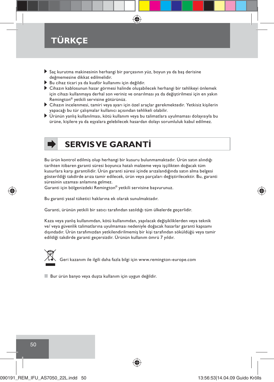 Türkçe, Servis ve garanti | Remington AS7050 User Manual | Page 52 / 76