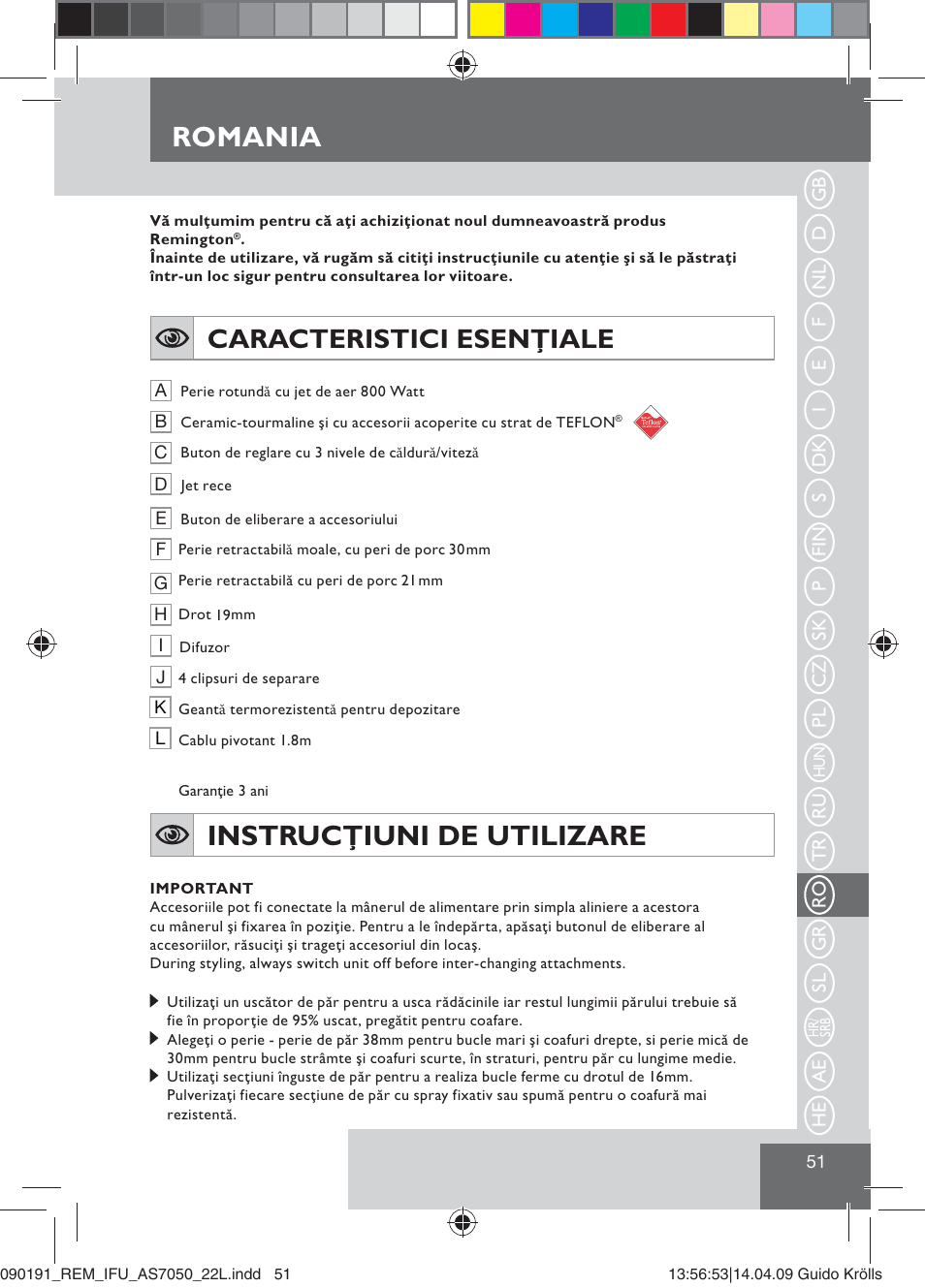 Romania, Instrucţiuni de utilizare, Caracteristici esenţiale | Remington AS7050 User Manual | Page 53 / 76