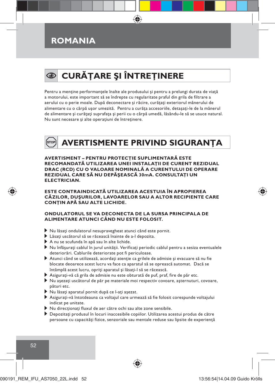 Romania, Curăţare şi întreţinere, Avertismente privind siguranţa | Remington AS7050 User Manual | Page 54 / 76