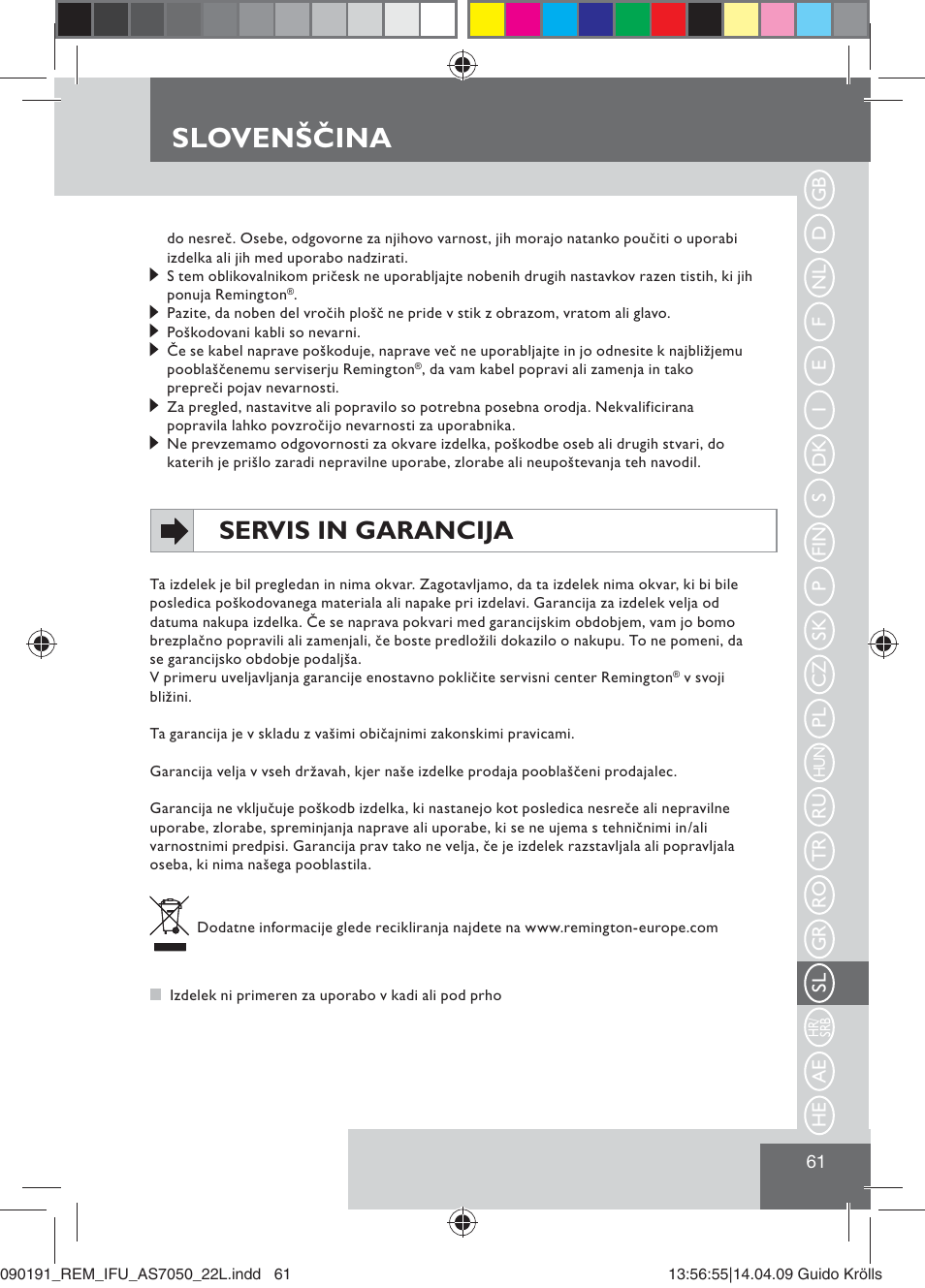 Slovenščina, Servis in garancija | Remington AS7050 User Manual | Page 63 / 76