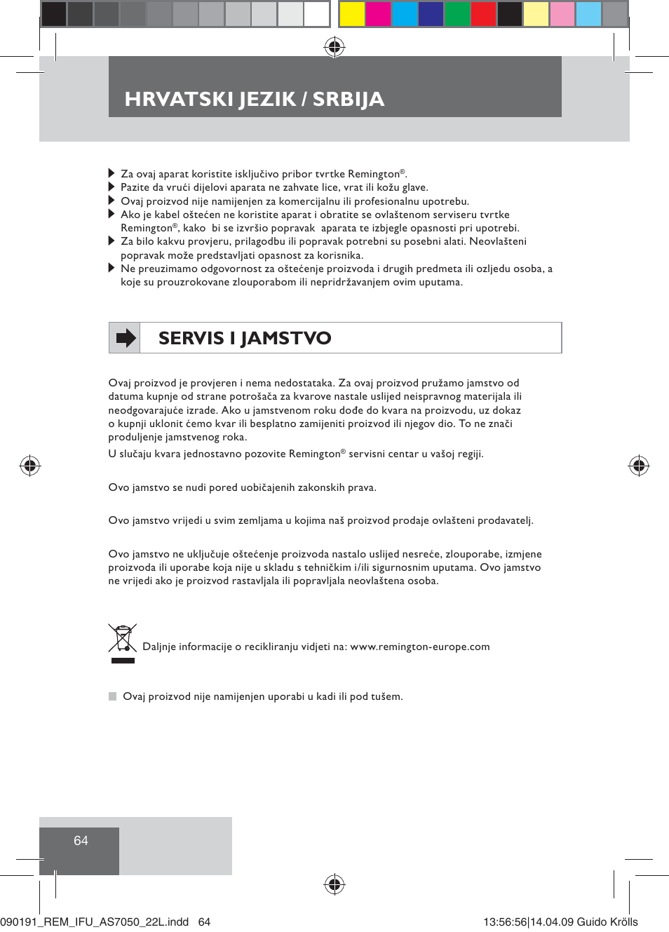 Hrvatski jezik / srbija, Servis i jamstvo | Remington AS7050 User Manual | Page 66 / 76