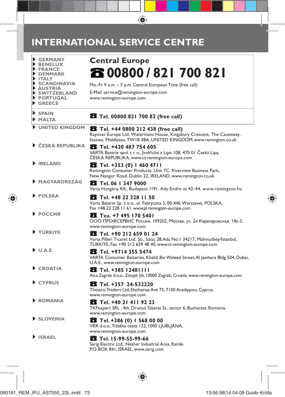 International service centre, Central europe | Remington AS7050 User Manual | Page 75 / 76
