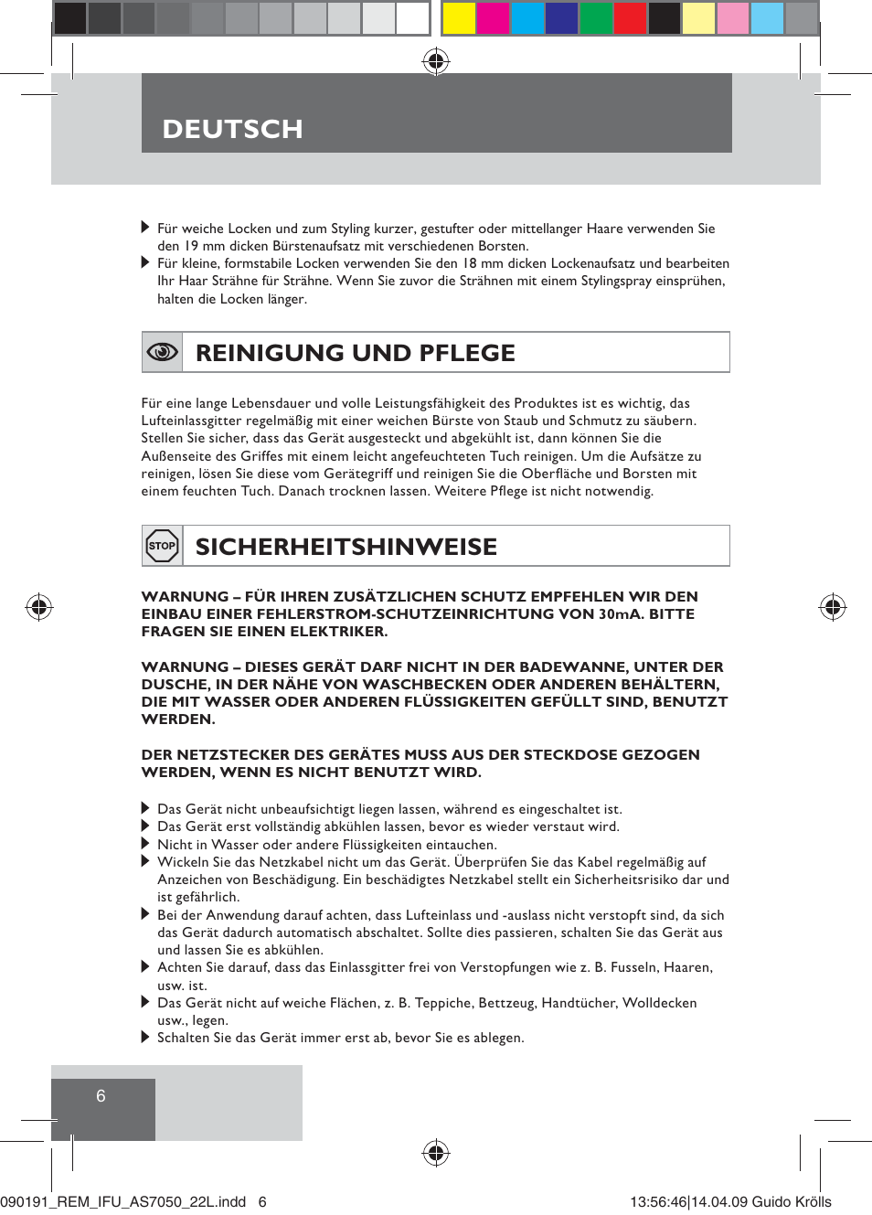 Deutsch, Reinigung und pflege, Sicherheitshinweise | Remington AS7050 User Manual | Page 8 / 76