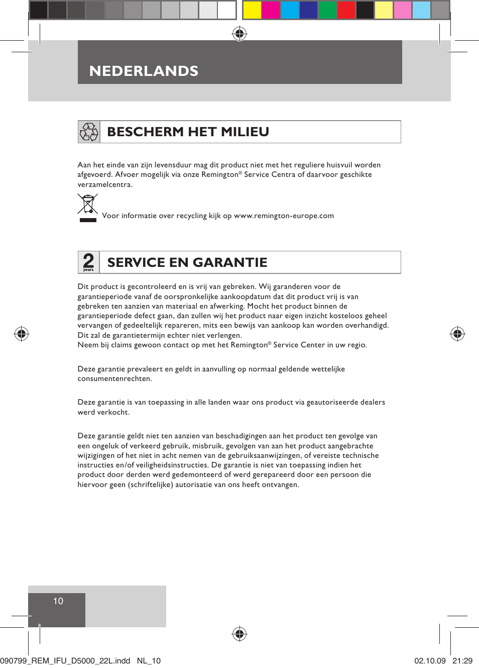 Nederlands, Bescherm het milieu, Service en garantie | Remington D5000 User Manual | Page 12 / 68