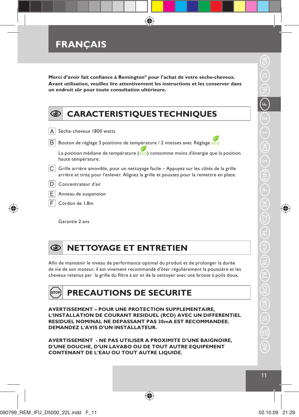 Français, Caracteristiques techniques, Nettoyage et entretien | Precautions de securite | Remington D5000 User Manual | Page 13 / 68