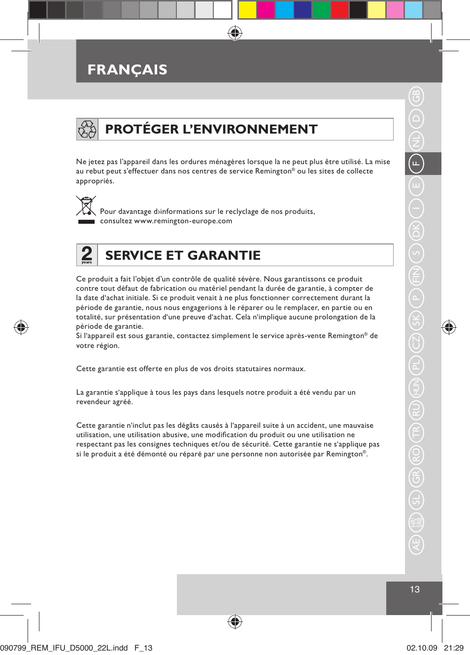 Français, Protéger l’environnement, Service et garantie | Remington D5000 User Manual | Page 15 / 68