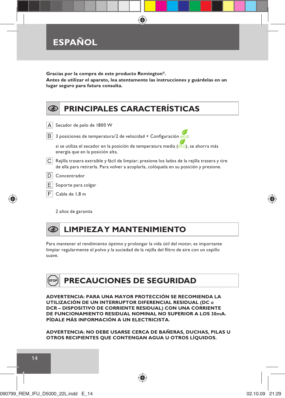 Español, Principales características, Limpieza y mantenimiento | Precauciones de seguridad | Remington D5000 User Manual | Page 16 / 68