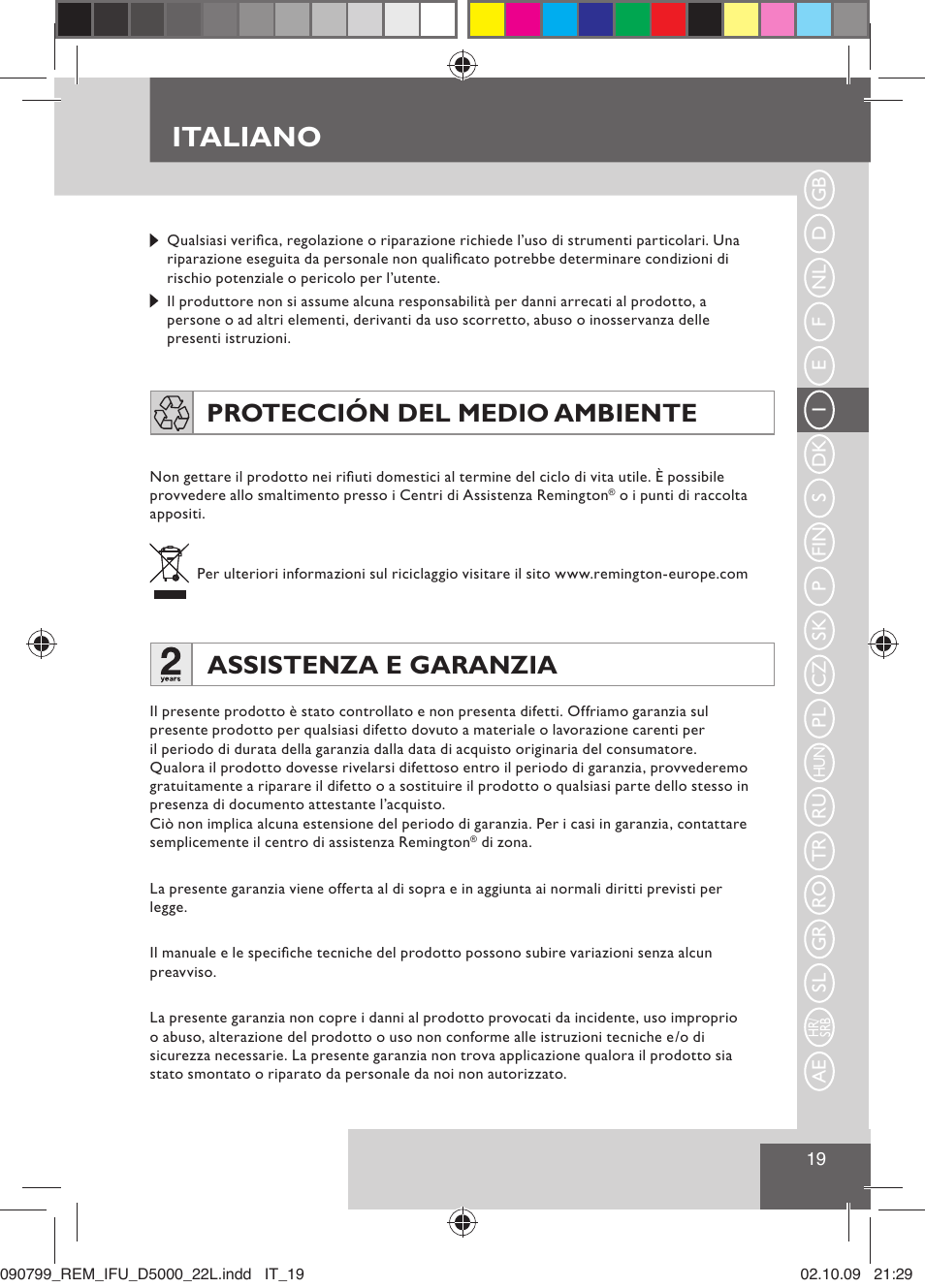 Italiano, Protección del medio ambiente, Assistenza e garanzia | Remington D5000 User Manual | Page 21 / 68