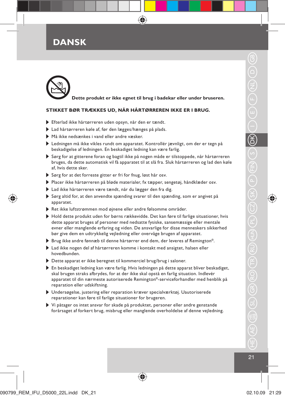 Dansk | Remington D5000 User Manual | Page 23 / 68