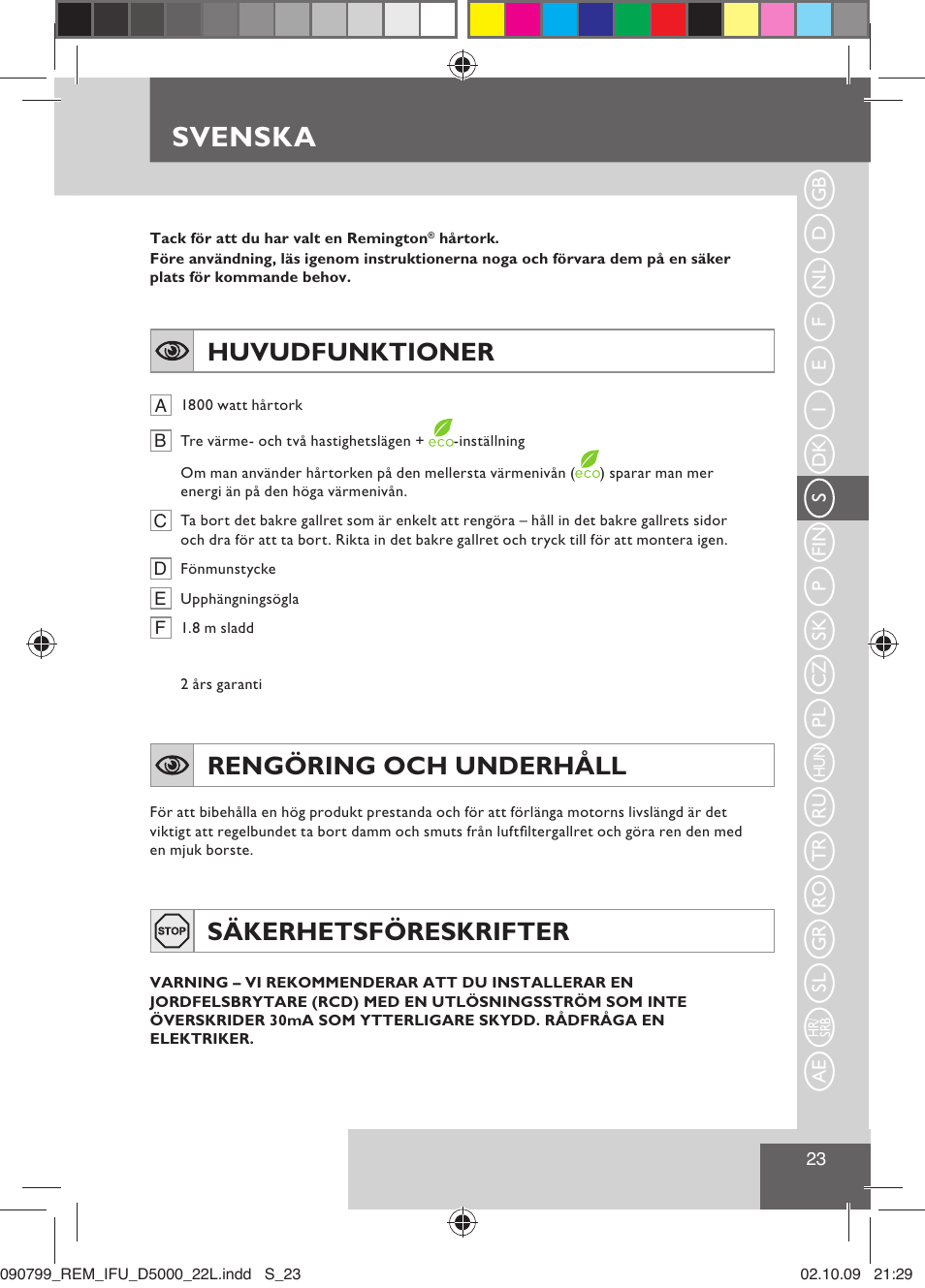 Svenska, Huvudfunktioner, Rengöring och underhåll | Säkerhetsföreskrifter | Remington D5000 User Manual | Page 25 / 68