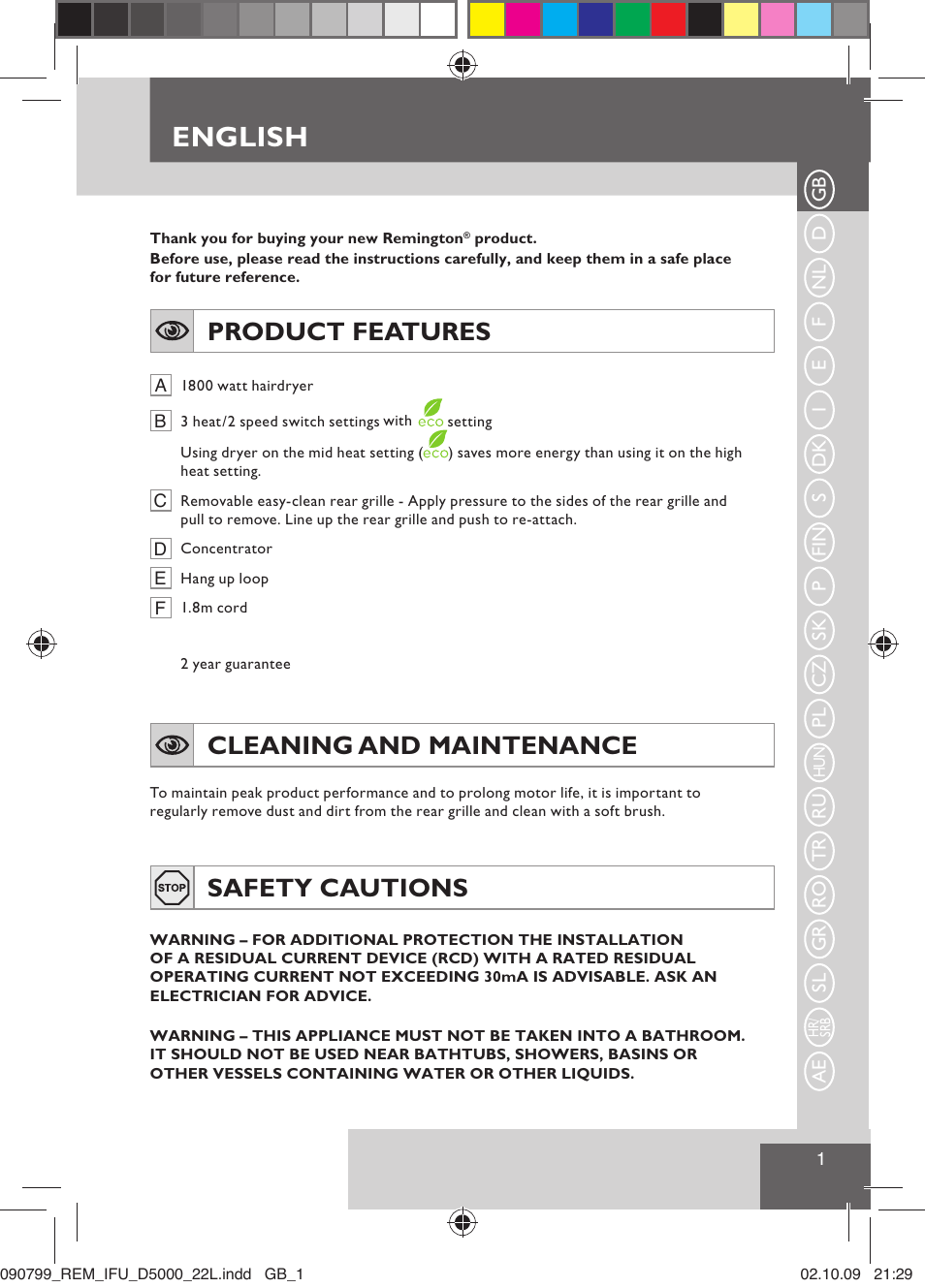 English, Product features, Cleaning and maintenance | Safety cautions | Remington D5000 User Manual | Page 3 / 68