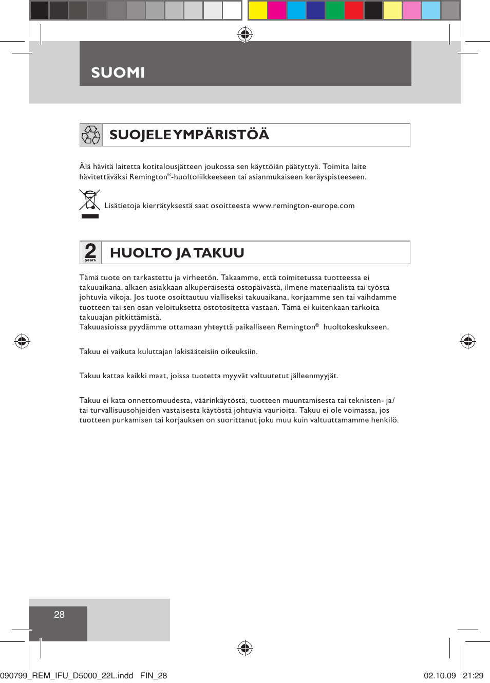 Suomi, Suojele ympäristöä, Huolto ja takuu | Remington D5000 User Manual | Page 30 / 68