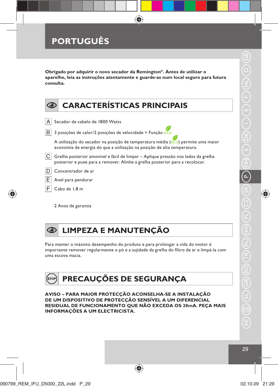 Português, Características principais, Limpeza e manutenção | Precauções de segurança | Remington D5000 User Manual | Page 31 / 68