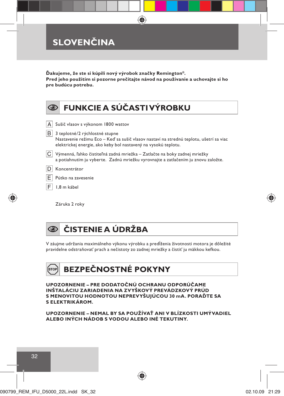 Slovenčina, Funkcie a súčasti výrobku, Čistenie a údržba | Bezpečnostné pokyny | Remington D5000 User Manual | Page 34 / 68