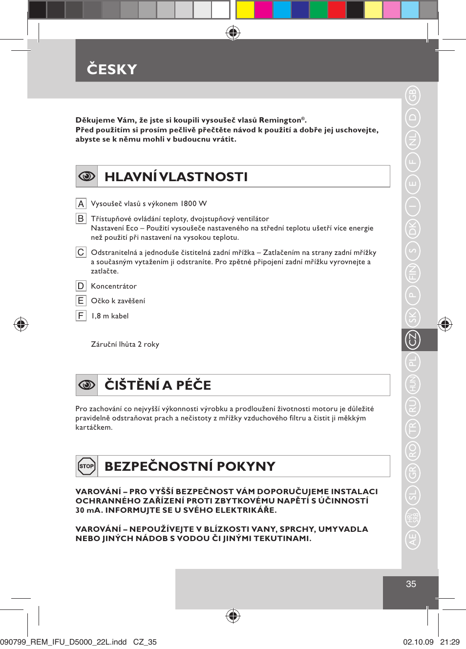 Česky, Hlavní vlastnosti, Čištění a péče | Bezpečnostní pokyny | Remington D5000 User Manual | Page 37 / 68