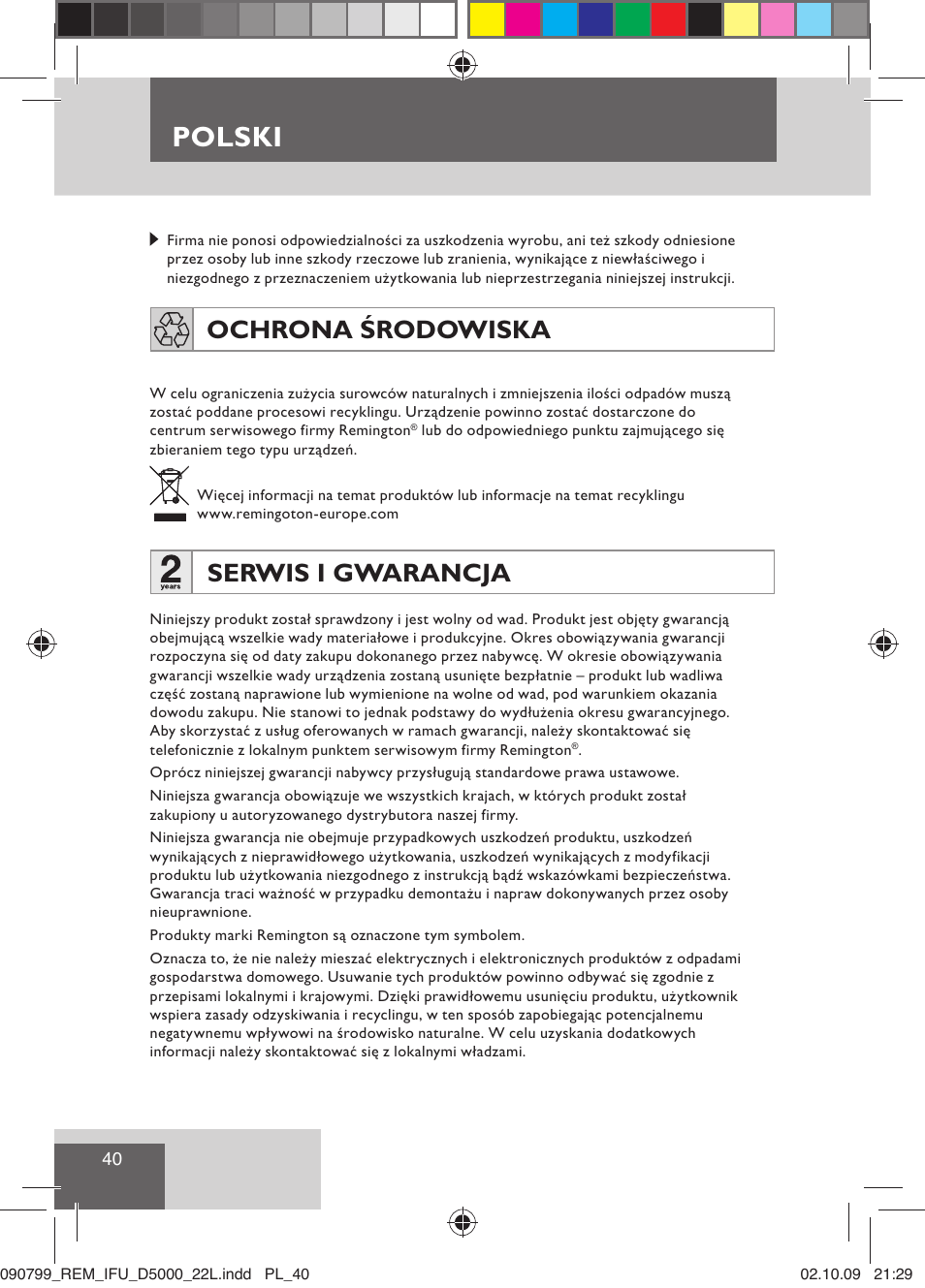 Polski, Ochrona środowiska, Serwis i gwarancja | Remington D5000 User Manual | Page 42 / 68