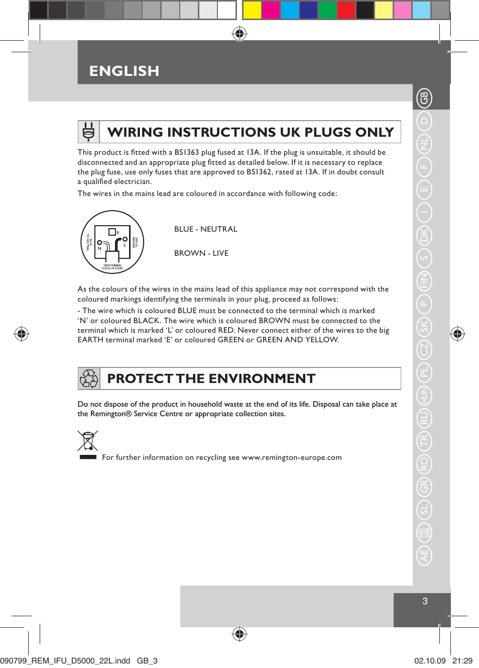English, Wiring instructions uk plugs only, Protect the environment | Remington D5000 User Manual | Page 5 / 68