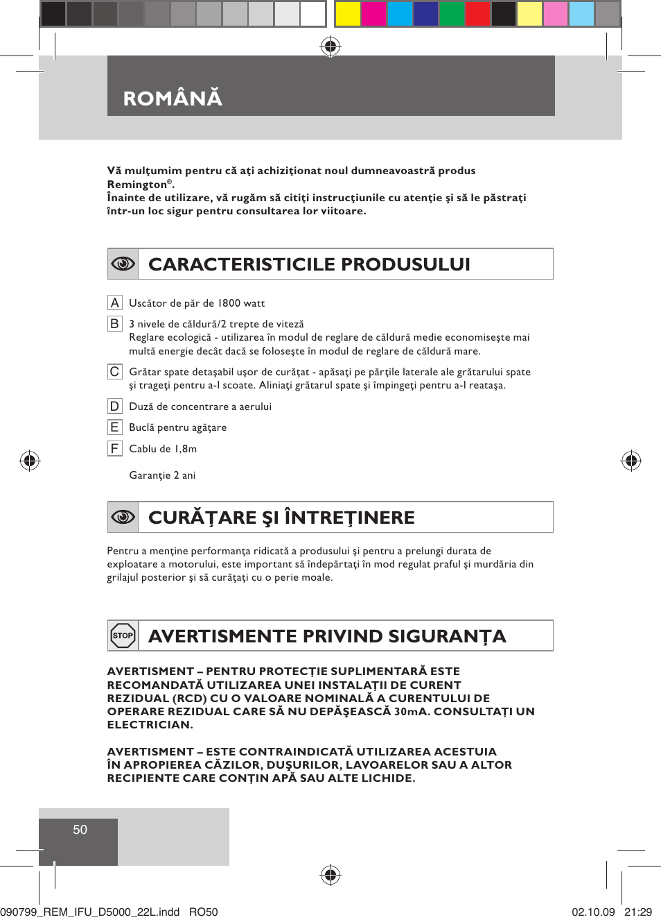 Română, Caracteristicile produsului, Curăţare şi întreţinere | Avertismente privind siguranţa | Remington D5000 User Manual | Page 52 / 68