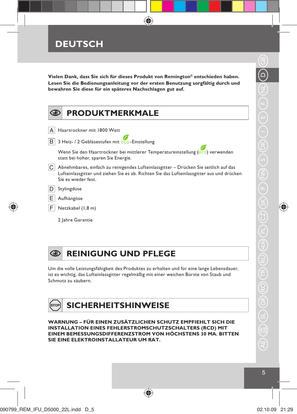 Deutsch, Produktmerkmale, Reinigung und pflege | Sicherheitshinweise | Remington D5000 User Manual | Page 7 / 68