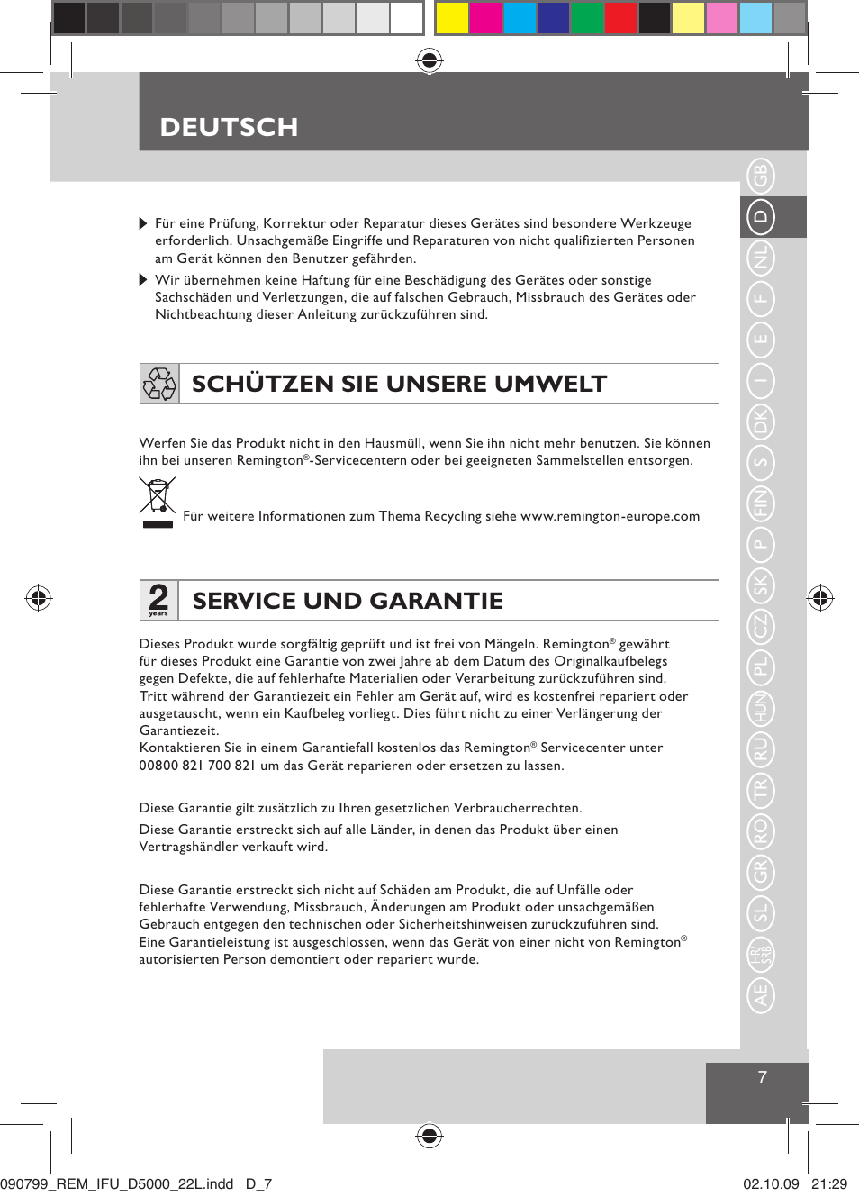 Deutsch, Schützen sie unsere umwelt, Service und garantie | Remington D5000 User Manual | Page 9 / 68