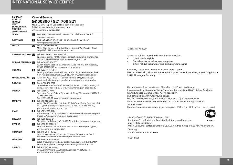 International service centre | Remington AC8000 User Manual | Page 36 / 36