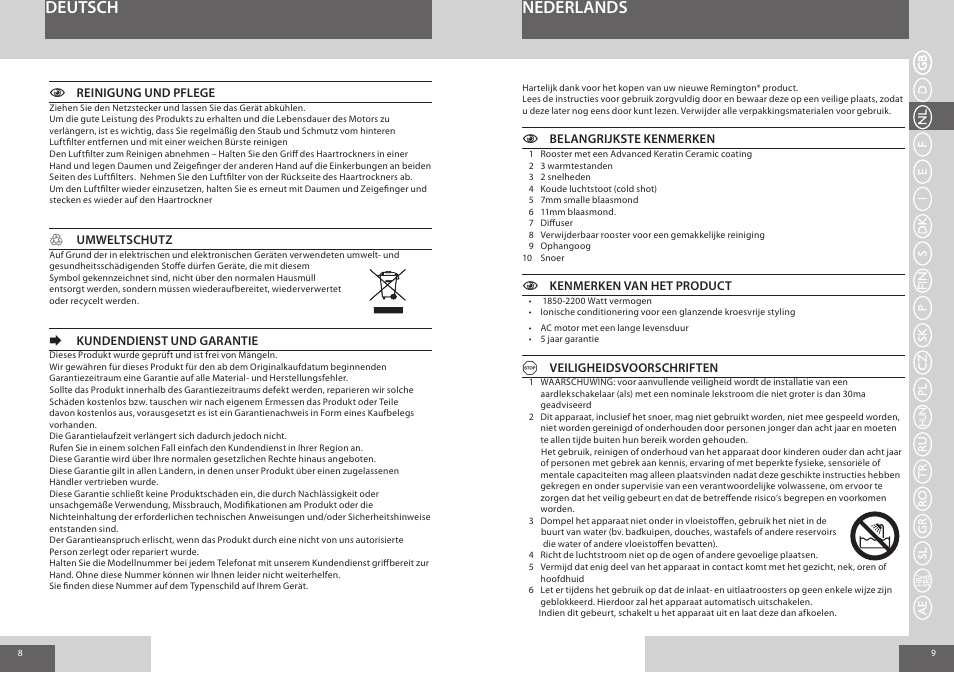 Nederlands deutsch | Remington AC8000 User Manual | Page 5 / 36