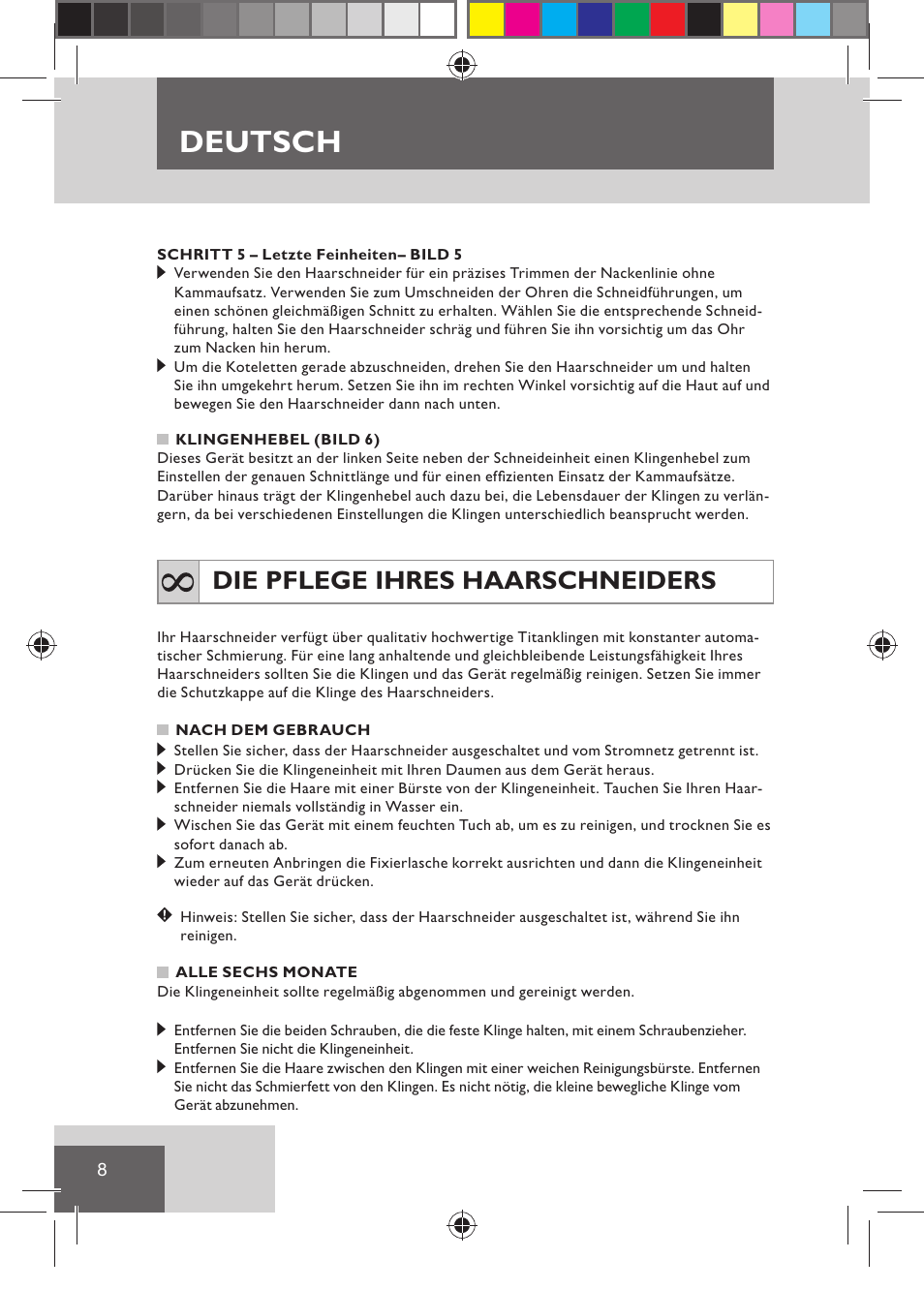 Deutsch, Die pflege ihres haarschneiders | Remington HC5030 User Manual | Page 10 / 110