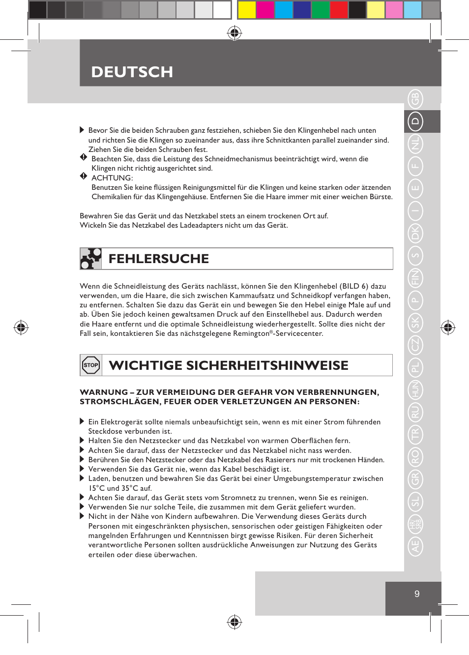 Deutsch, Fehlersuche, Wichtige sicherheitshinweise | Remington HC5030 User Manual | Page 11 / 110