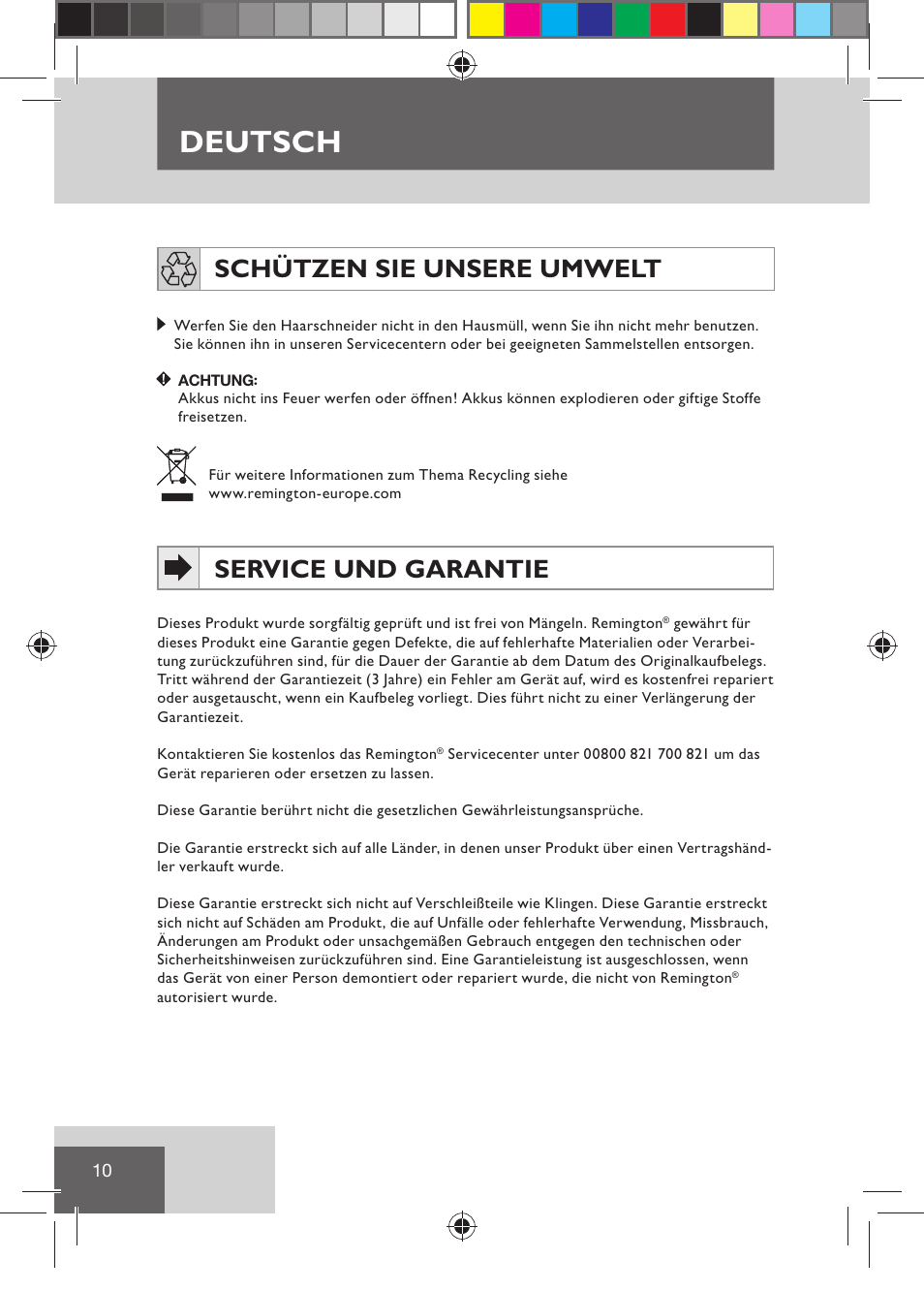 Deutsch, Schützen sie unsere umwelt, Service und garantie | Remington HC5030 User Manual | Page 12 / 110