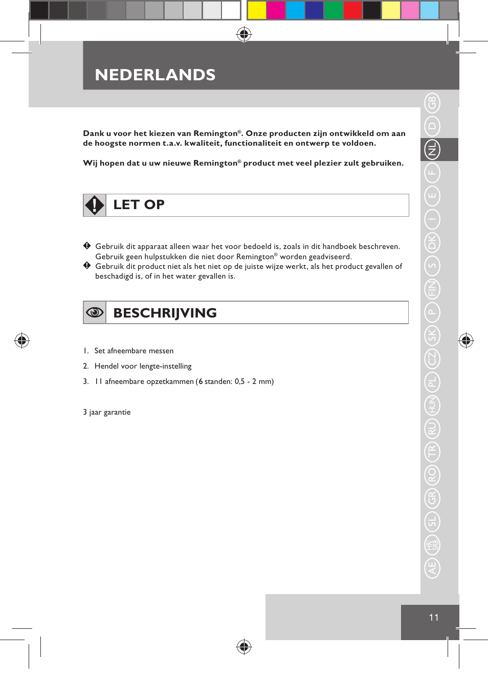 Nederlands, Let op, Beschrijving | Remington HC5030 User Manual | Page 13 / 110