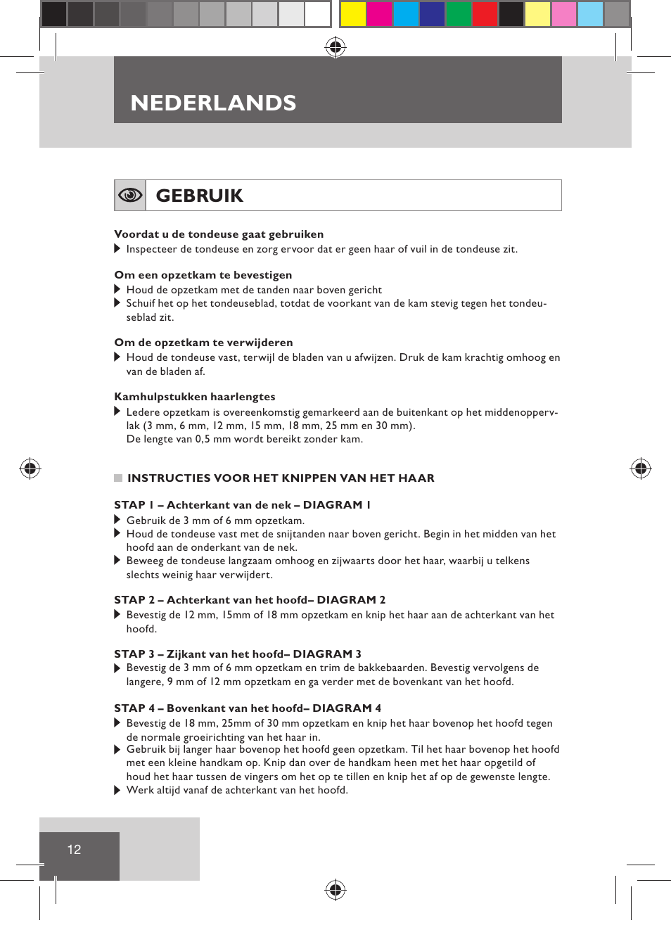 Nederlands, Gebruik | Remington HC5030 User Manual | Page 14 / 110