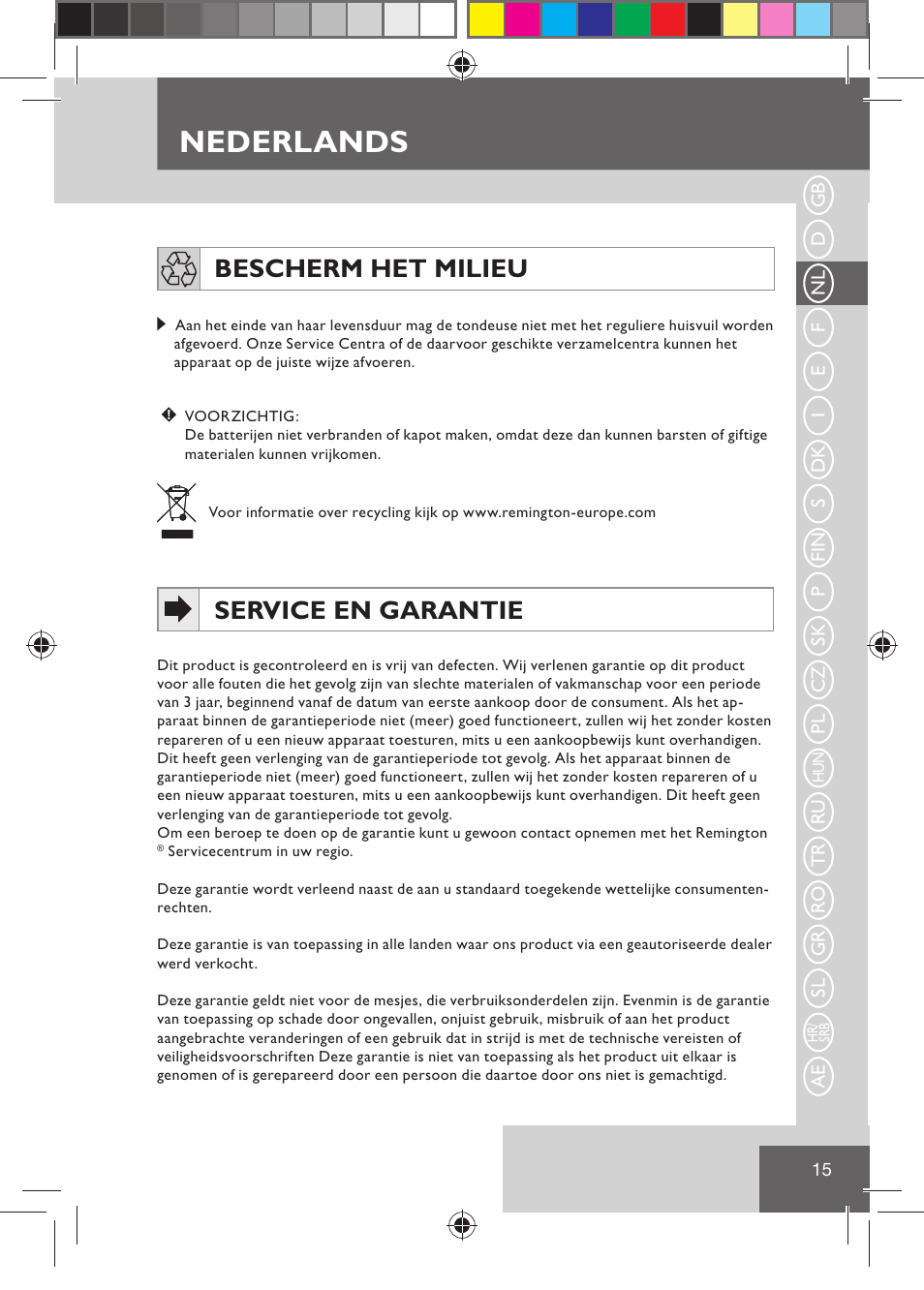 Nederlands, Bescherm het milieu, Service en garantie | Remington HC5030 User Manual | Page 17 / 110