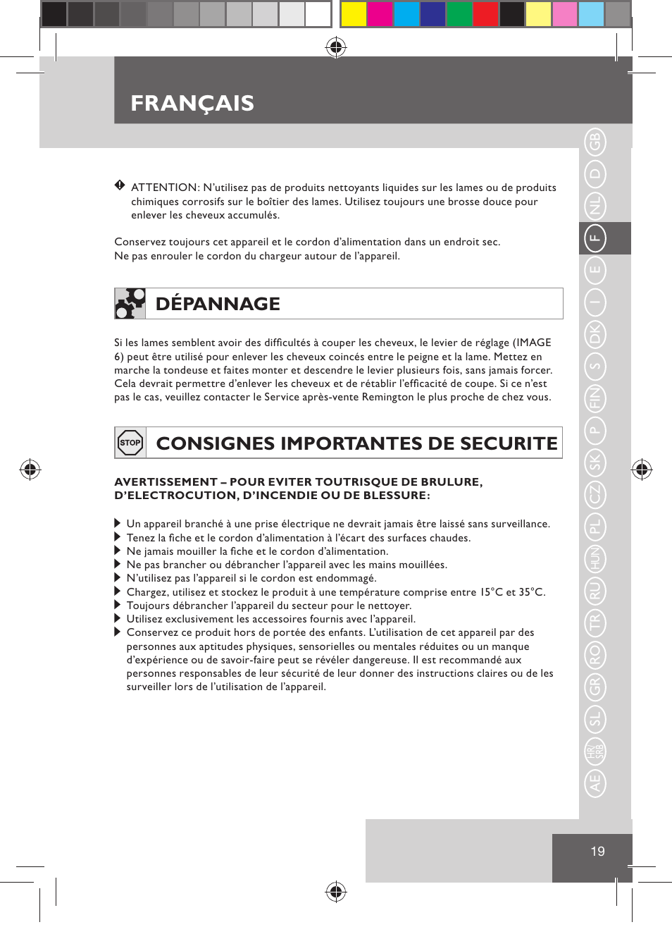 Français, Dépannage, Consignes importantes de securite | Remington HC5030 User Manual | Page 21 / 110