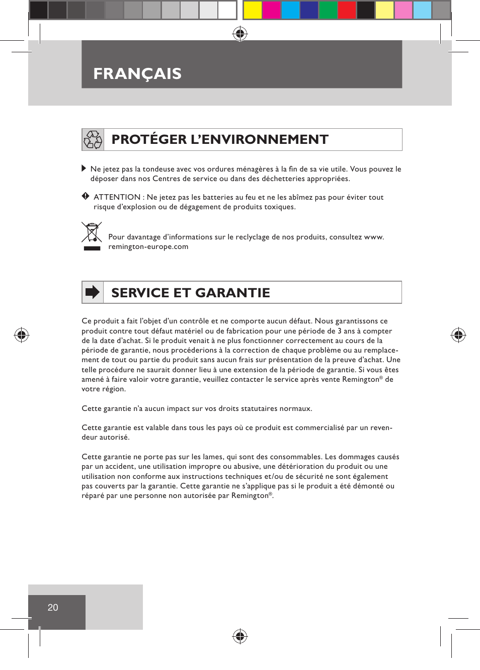 Français, Protéger l’environnement, Service et garantie | Remington HC5030 User Manual | Page 22 / 110