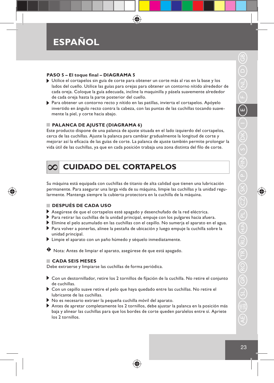 Español, Cuidado del cortapelos | Remington HC5030 User Manual | Page 25 / 110