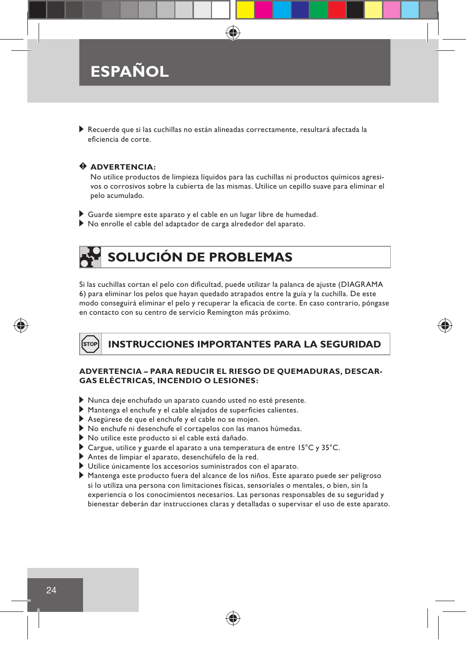 Español, Solución de problemas | Remington HC5030 User Manual | Page 26 / 110