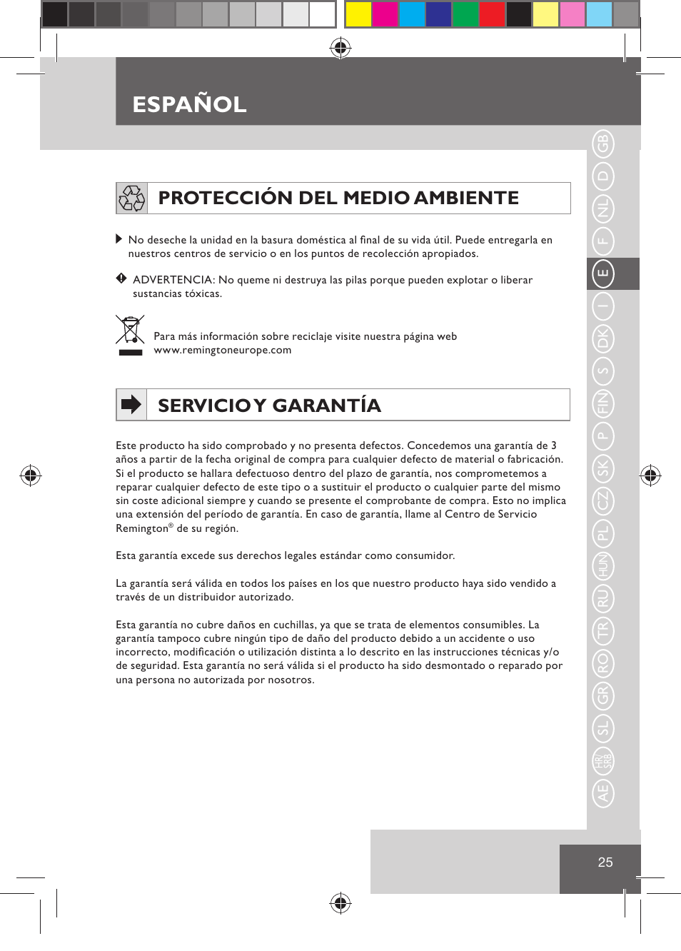 Español, Protección del medio ambiente, Servicio y garantía | Remington HC5030 User Manual | Page 27 / 110